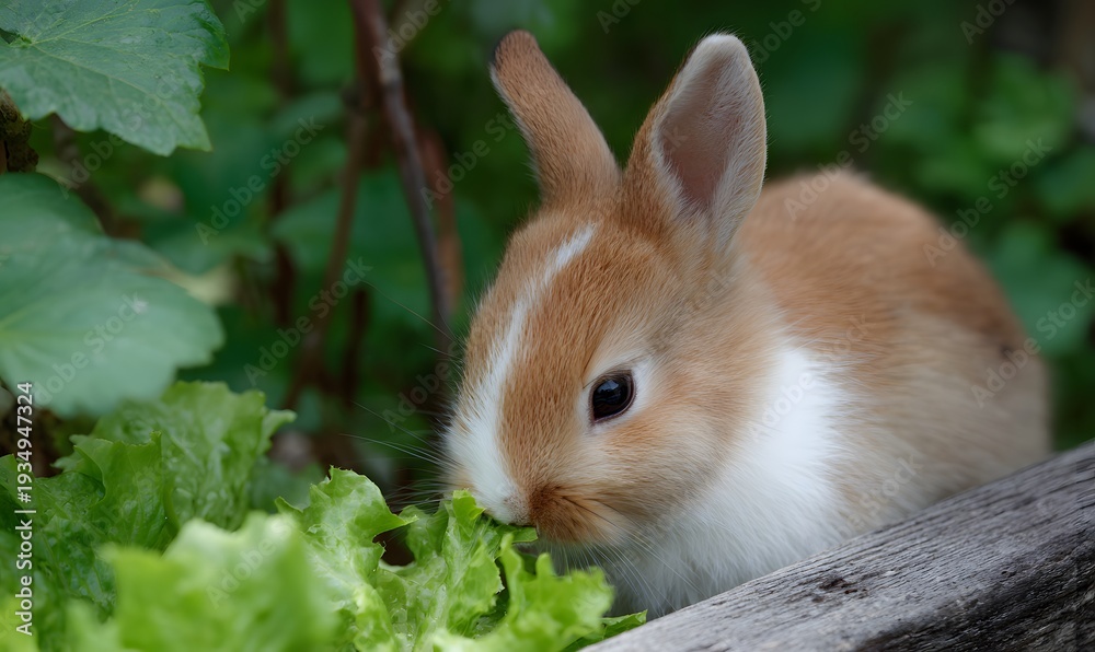 Fototapeta premium Cute bunny rabbit eating lettuce in garden 