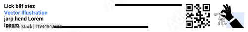 Digital payment, technology integration, modern marketing, user interaction, security, and scanning tools. A hand interacts with a QR code in a clean layout. Digital payment and technology