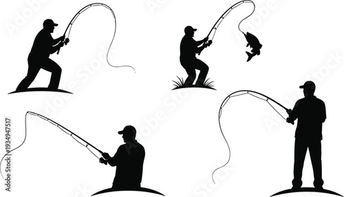 Fishing man silhouette collection, angler catching fish with rod, sport fishing action poses set, outdoor hobby vector illustration