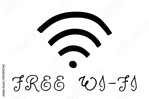 Hand drawn free wifi spot zone sign Public wi-fi area sign Wireless internet clipart in doodle style Single element for print, web, design, decor 3G, 4G, 5G, 6G, IoT