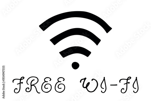 Hand drawn free wifi spot zone sign Public wi-fi area sign Wireless internet clipart in doodle style Single element for print, web, design, decor 3G, 4G, 5G, 6G, IoT