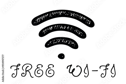Hand drawn free wifi spot zone sign Public wi-fi area sign Wireless internet clipart in doodle style Single element for print, web, design, decor 3G, 4G, 5G, 6G, IoT