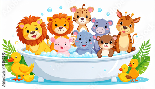 Playful cartoon animals enjoying a fun bath time together in a colorful tub isolated on transparent background