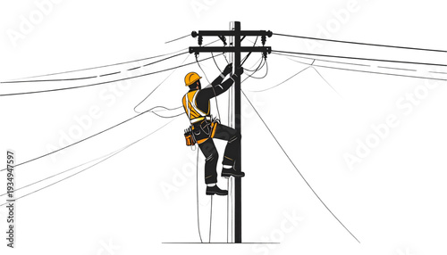 A utility worker in a yellow hard hat and safety vest climbing a power pole on transparent background