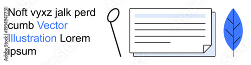 Education, research, content creation, organization, data visualization, sustainability. Document icon, magnifying glass leaf and text elements. Research and content creation concepts