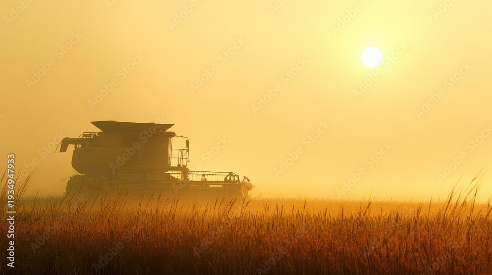 Fototapeta premium Large-scale agricultural harvesting combine operating in a golden field at sunrise