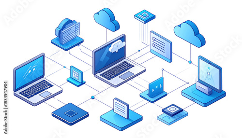 Modern network of interconnected devices and laptops in a digital workspace environment isolated on transparent background