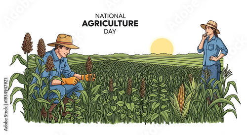Illustration of two farmers in a lush green field on National Agriculture Day, celebrating Farming Industry and Sustainable Agriculture with a scenic sunset background.