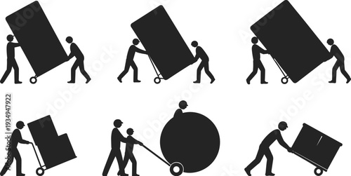 Manual handling silhouettes, workers moving heavy objects, teamwork with hand trucks, safety training illustration, lifting techniques, dolly transport, moving appliances, workplace ergonomics