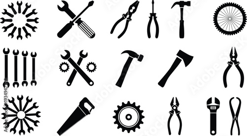 Mechanical tools silhouette icon set, wrench screwdriver hammer pliers saw gear and repair equipment illustration
