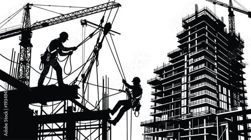 Industrial construction site silhouettes featuring professional riggers working on high rise buildings with tower cranes for urban engineering development and infrastructure building projects