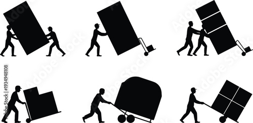 Moving service workers silhouette set, professional movers carrying heavy furniture boxes with hand truck and transport equipment illustration