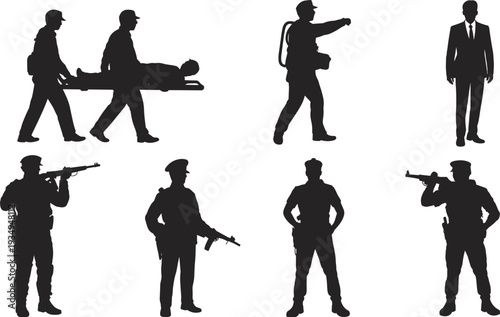 Military and emergency service silhouette set, soldiers medic team rescue stretcher and armed forces illustration