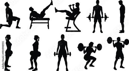 Fitness workout silhouette set, men and women exercising with dumbbells barbell bench and gym equipment illustration