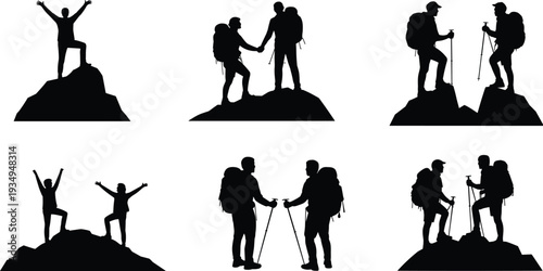 Hiking silhouettes, mountain climbers teamwork, outdoor adventure, trekking success, mountaineering achievement, 