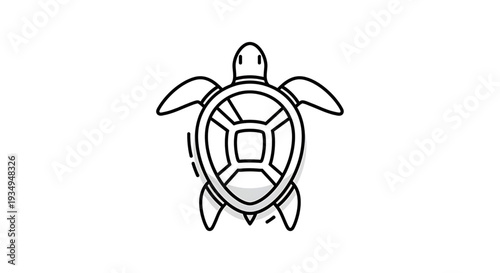 Simple black and white line art illustration of a turtle with clean outlines and a distinct shell pattern against a white background, suitable for diverse design applications