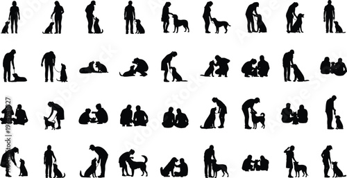 People with dog silhouette collection, human and pet interaction training walking playing friendship vector illustration set