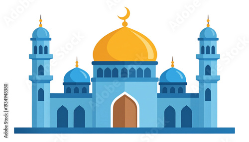 A colorful illustration of a mosque with a large golden dome and minarets on transparent background
