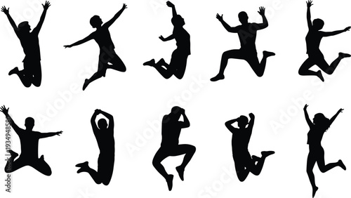 Jumping silhouettes, people in motion, joyful energy, freedom expression, celebration illustration, happiness concept, youth activity, dynamic poses, physical movement, expressive design