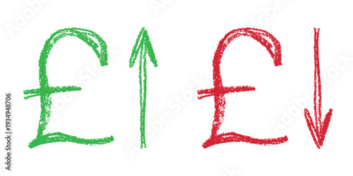 Hand drawn british pound currency symbol Growth and fall profit with arrow up and down Brush stroke doodle Element for design
