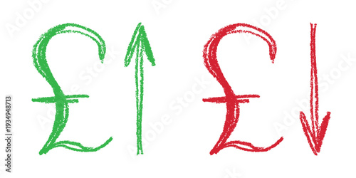 Hand drawn british pound currency symbol Growth and fall profit with arrow up and down Brush stroke doodle Element for design