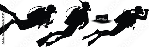 Scuba diver silhouettes exploring underwater marine life zone, diving equipment swimmers swimming in ocean adventure vector illustration set