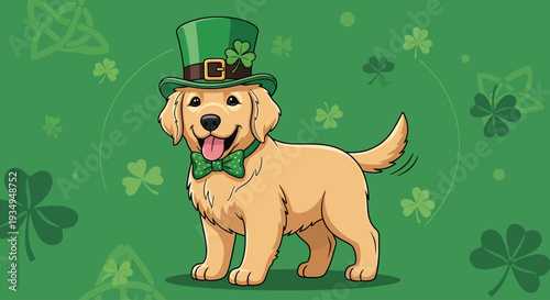 Adorable golden retriever puppy celebrating St. Patrick's Day in a festive green hat and bow tie, perfect for holiday cheer