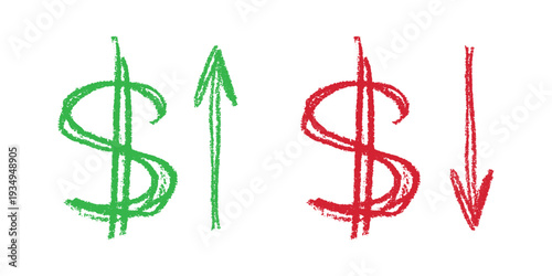Hand drawn dollar currency symbol Growth and fall profit with arrow up and down Brush stroke doodle Element for design
