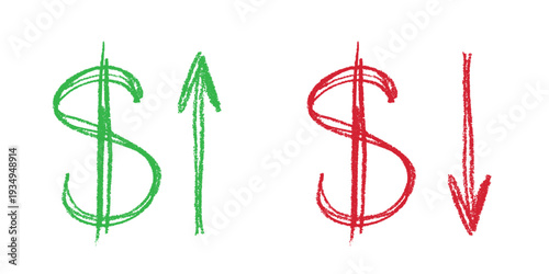 Hand drawn dollar currency symbol Growth and fall profit with arrow up and down Brush stroke doodle Element for design