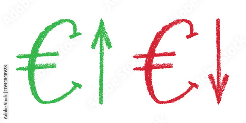 Hand drawn euro currency symbol Growth and fall profit with arrow up and down Brush stroke doodle Element for design