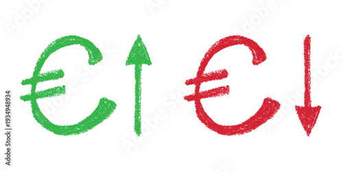 Hand drawn euro currency symbol Growth and fall profit with arrow up and down Brush stroke doodle Element for design