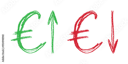 Hand drawn euro currency symbol Growth and fall profit with arrow up and down Brush stroke doodle Element for design