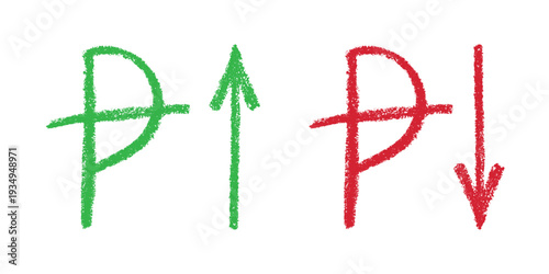 Hand drawn peseta currency symbol Growth and fall profit with arrow up and down Brush stroke doodle Element for design