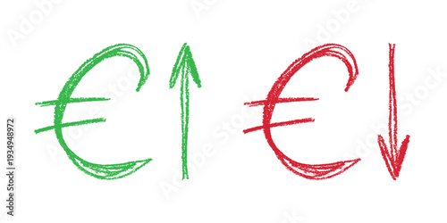 Hand drawn euro currency symbol Growth and fall profit with arrow up and down Brush stroke doodle Element for design
