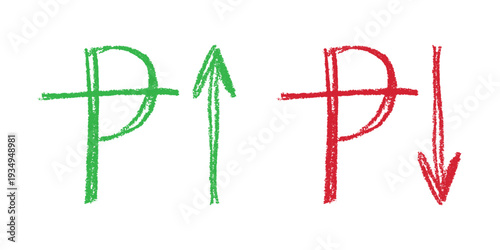 Hand drawn peseta currency symbol Growth and fall profit with arrow up and down Brush stroke doodle Element for design