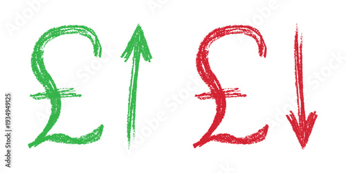 Hand drawn british pound currency symbol Growth and fall profit with arrow up and down Brush stroke doodle Element for design