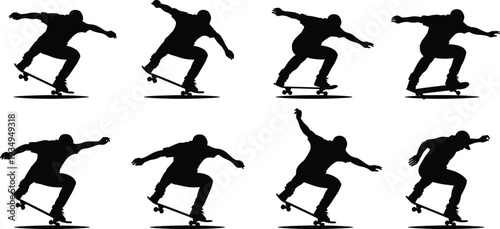 Skateboarder silhouette set performing tricks, skateboard action poses collection, extreme sport athlete jumping riding stunt, urban skateboarding vector illustration