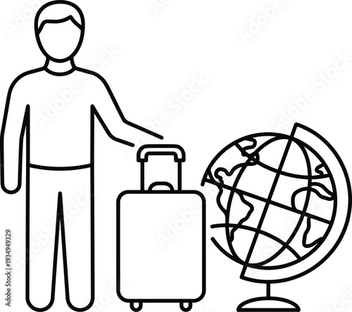 A person standing with a suitcase and globe, representing travel and exploration, viewed from the front.
