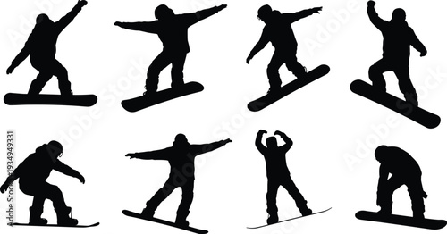 Snowboarding silhouettes, winter sports illustration, snowboard stunts, dynamic poses, extreme sport, freestyle snowboarding, mountain adventure, outdoor activity, athlete motion, energetic design
