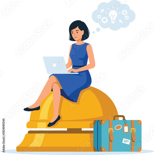 A young professional woman sitting on a gold coin stack, working on a laptop with a suitcase nearby, symbolizing business and travel