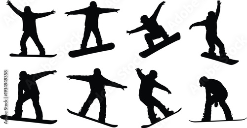 Snowboarding silhouettes, winter sports illustration, snowboard tricks, dynamic poses, extreme sport, mountain adventure, freestyle snowboarding, outdoor activity, athlete motion, energetic design