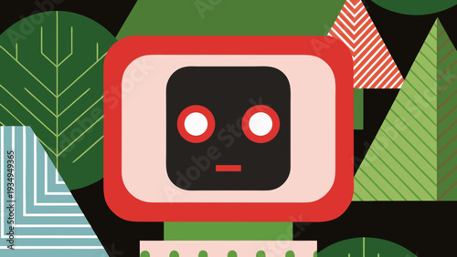 Abstract red robot face with a black screen and white eyes is surrounded by green geometric trees.
