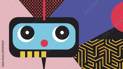 Abstract geometric robot head with large eyes and a red nose looks forward.