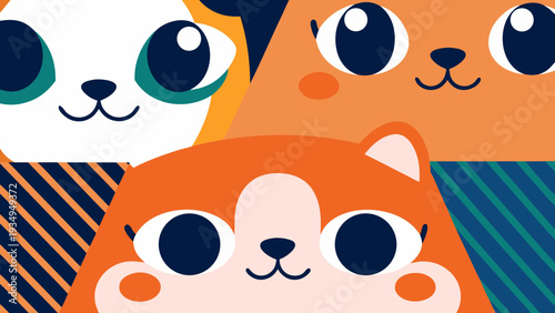 Three adorable cartoon animals with big eyes look curiously forward.