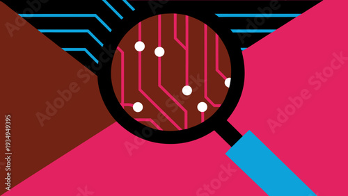 Magnifying glass examines a detailed circuit board pattern on a vibrant background.