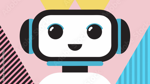 Friendly white robot head with blue headphones smiles on a pastel pink geometric background.