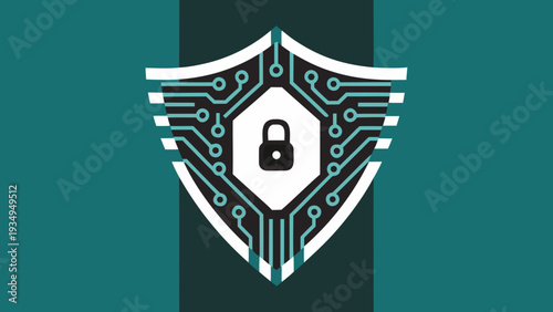 Digital security shield displays a padlock icon over circuit patterns.