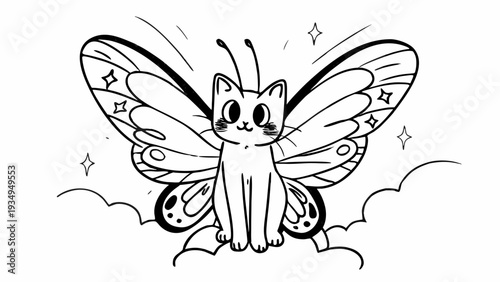 Cute cat with butterfly wings sits among clouds in a whimsical drawing.