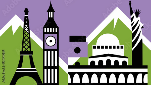 Famous global landmarks representing travel and international architecture.