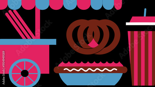 Colorful illustration of popular carnival snacks, including a hot dog, pretzel, and soda.